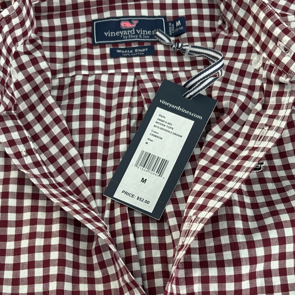 Boy’s NWT maroon and white gingham Vineyard Vines button down - Picture 3 of 4